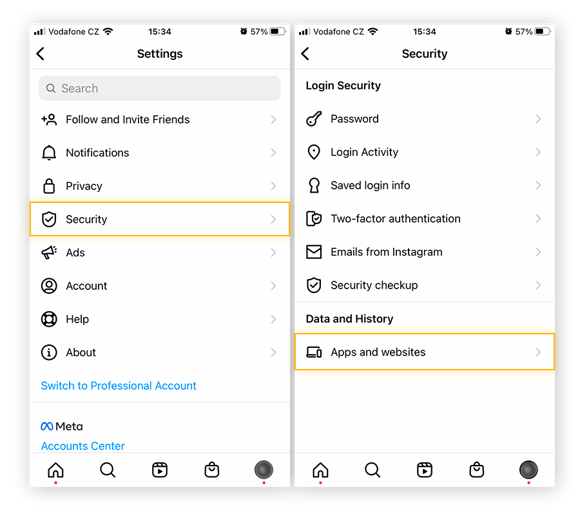 Zugriff auf Informationen zu Apps und Websites auf Instagram, wobei die Optionen "Sicherheit" und "Apps und Websites" markiert sind