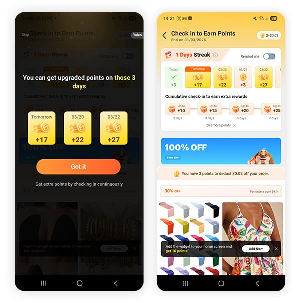 A screenshot of the Shein app offering extra points for checking in continuously.