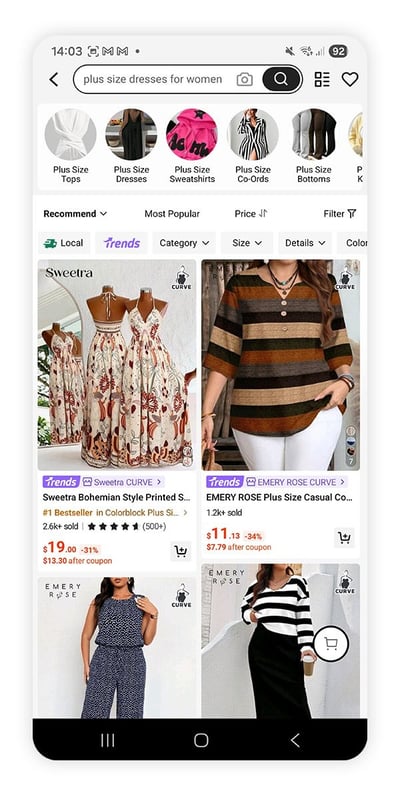 A screenshot of the Shein app showing a Plus Size clothing category.