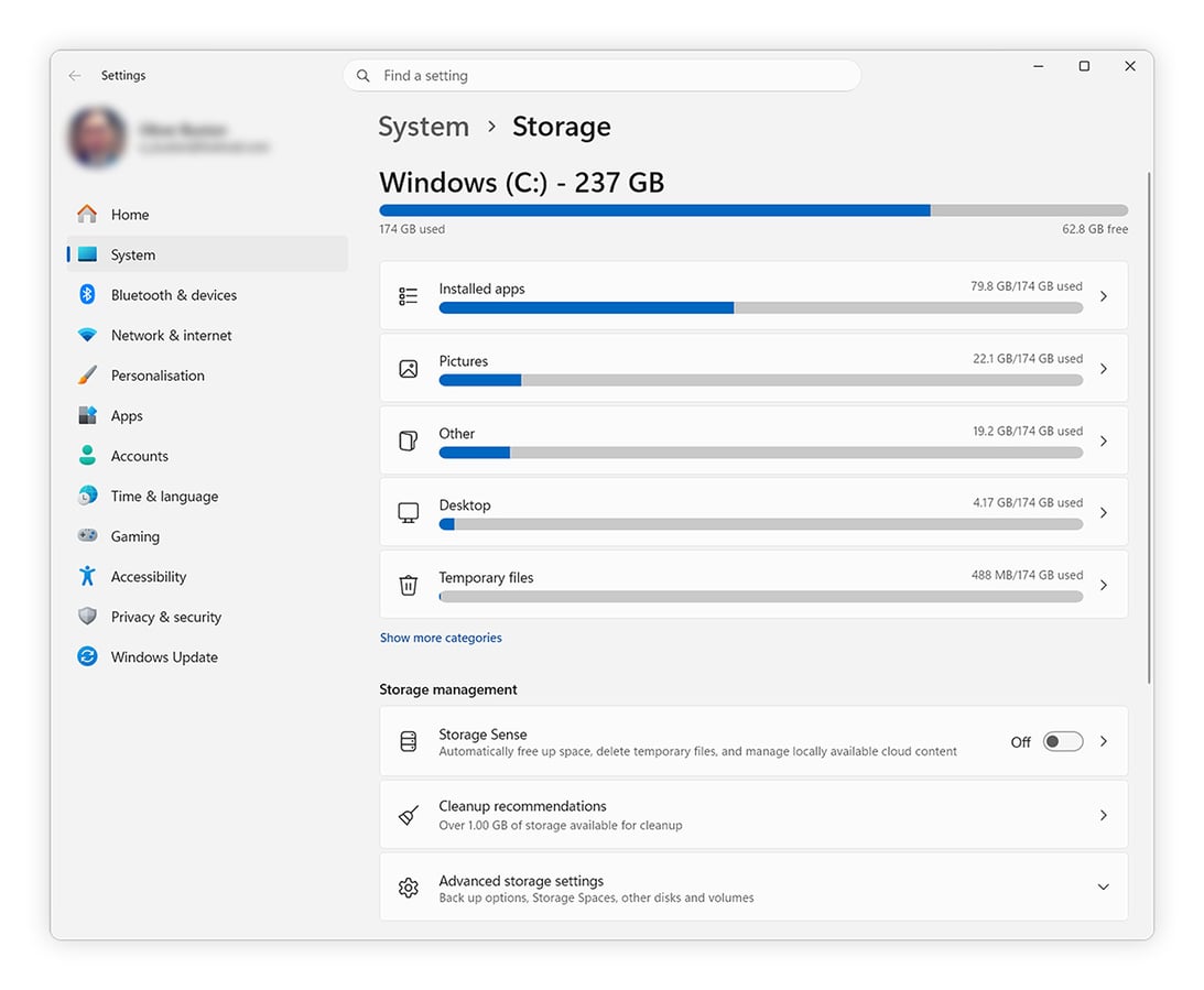 Checking PC system storage in Windows 11.