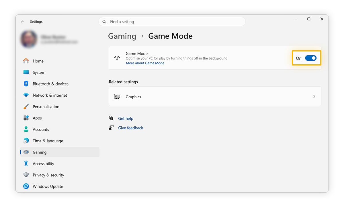 Enabling Game Mode in Windows 11.