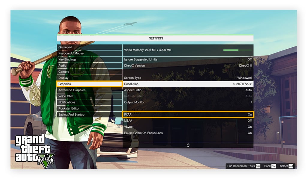The Graphics settings in the menu for Grand Theft Auto V on Windows 10.