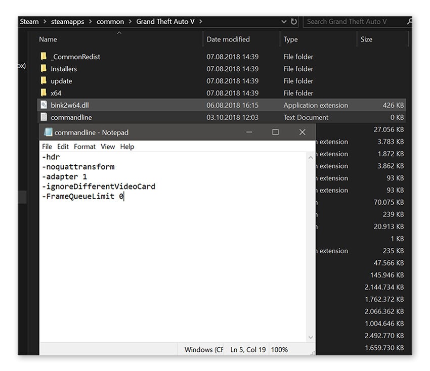 The commandline text document in Grand Theft Auto V on Windows 10.