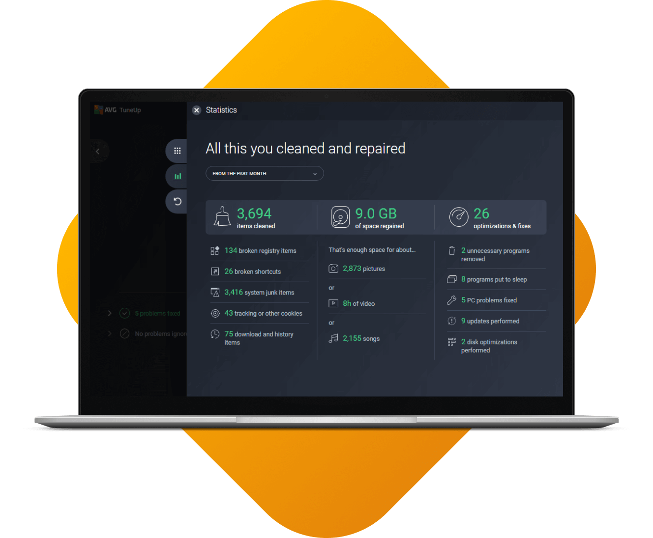 A screenshot showing in-product cleanup and repair statistics for AVG TuneUp.