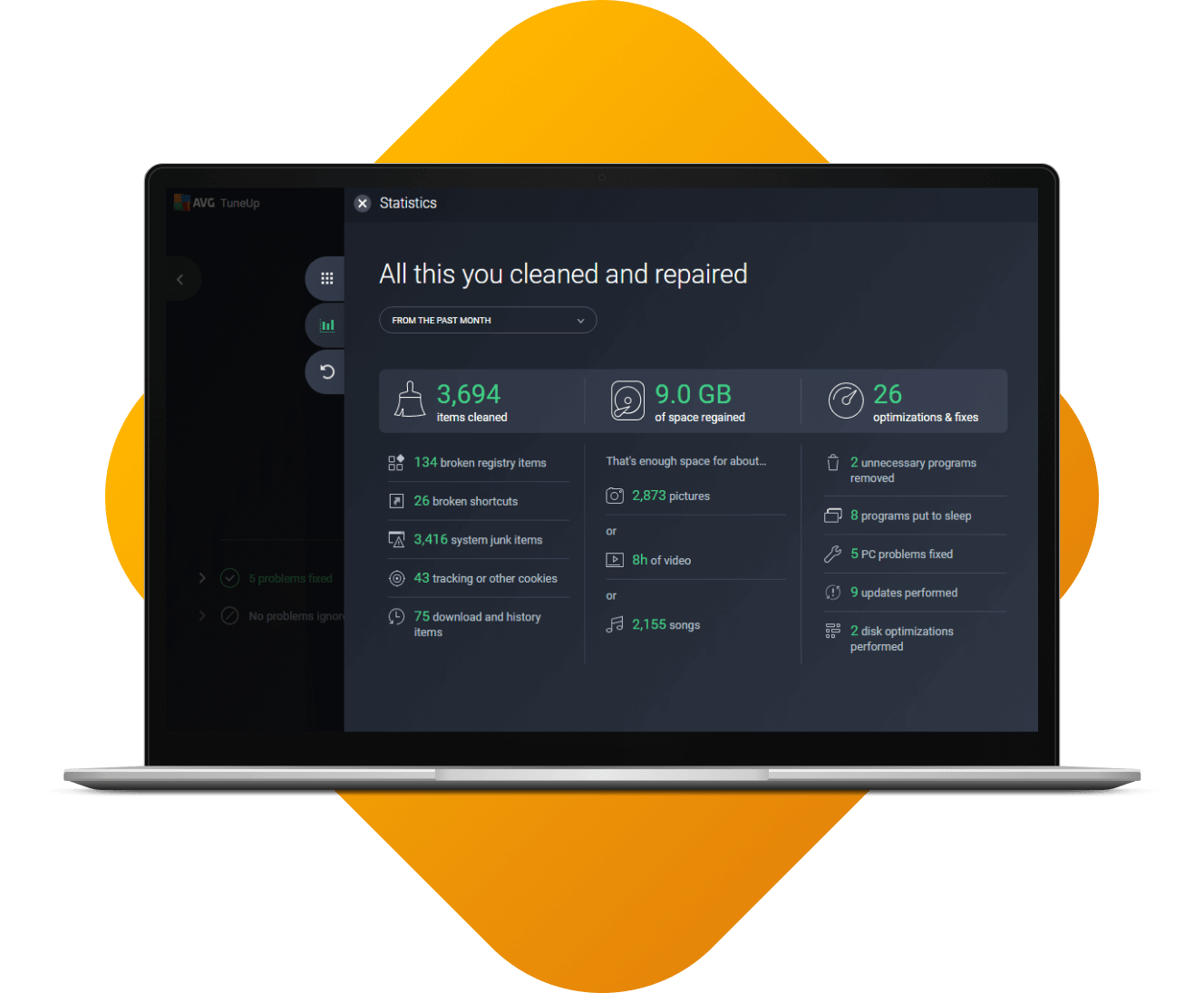 A screenshot showing in-product cleanup and repair statistics for AVG TuneUp.