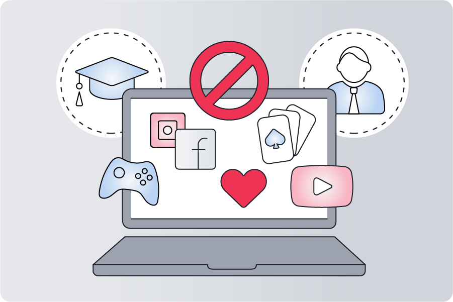 A graphic showing school and workplace website blocking restrictions.