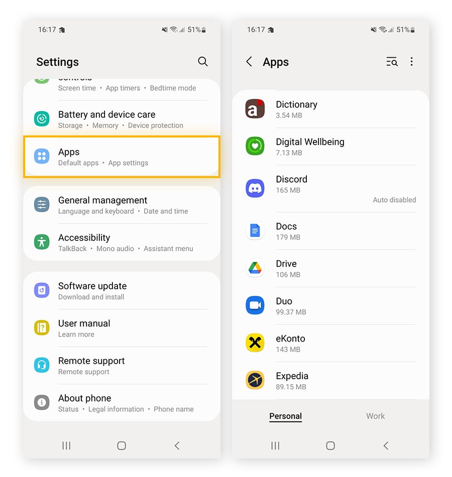 Om de verborgen appcache te wissen, zoekt u de app in Instellingen en tikt u erop.