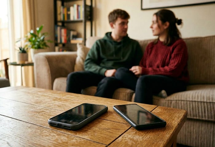 Two people sit on a couch, leaving their phones unattended and vulnerable to phone tapping.