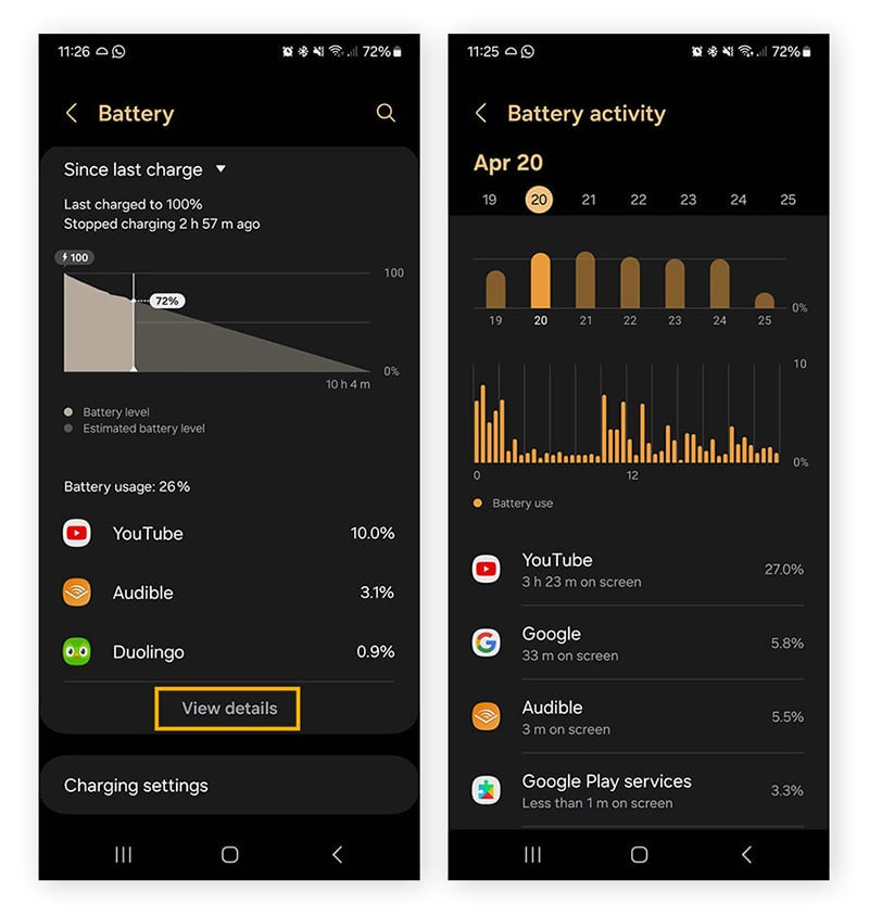 Opening Android Battery settings on a Samsung Galaxy s21 to check for phone tracking signs.