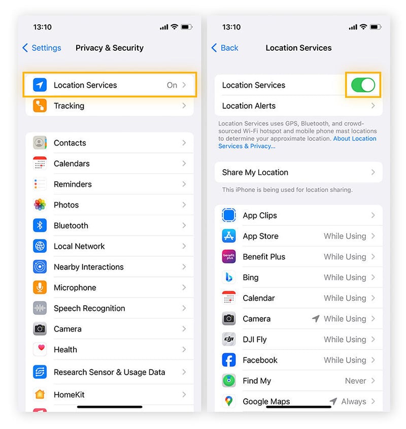 Blocking location tracking via iPhone settings.