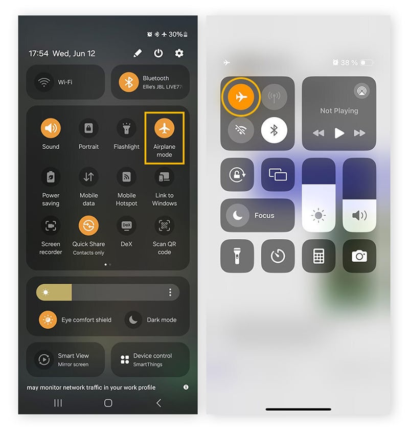 Screenshots illustrating turning on Airplane mode on Android and iOS to help prevent phone tracking.