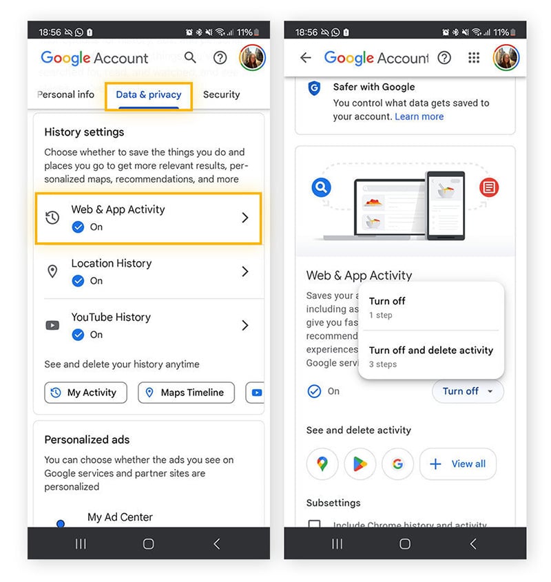 Turning off Google tracking in your Google My account.