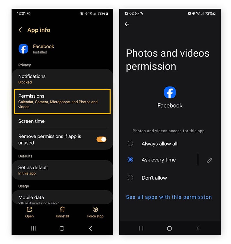 Updating Android app permissions on Samsung Galaxy s21.