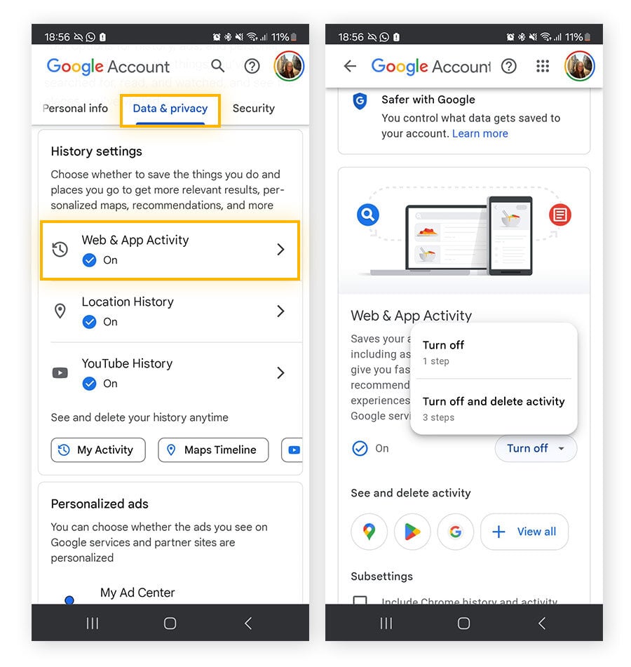 Turning off Google tracking in your Google My account.