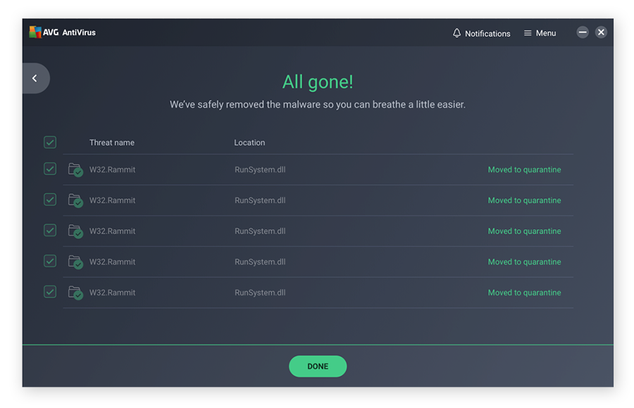 A screenshot of AVG AntiVirus quarantining and removing malicious files from a Windows PC.