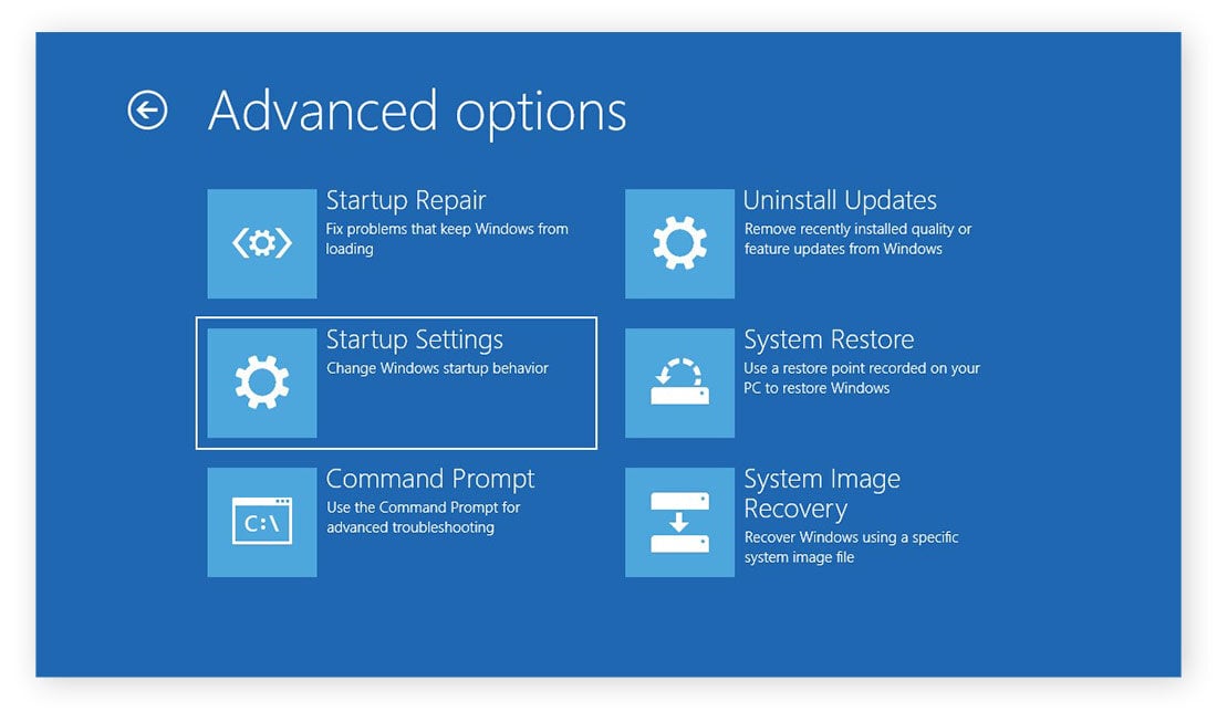 Entering Safe Mode via the Startup Settings menu in Windows 10.