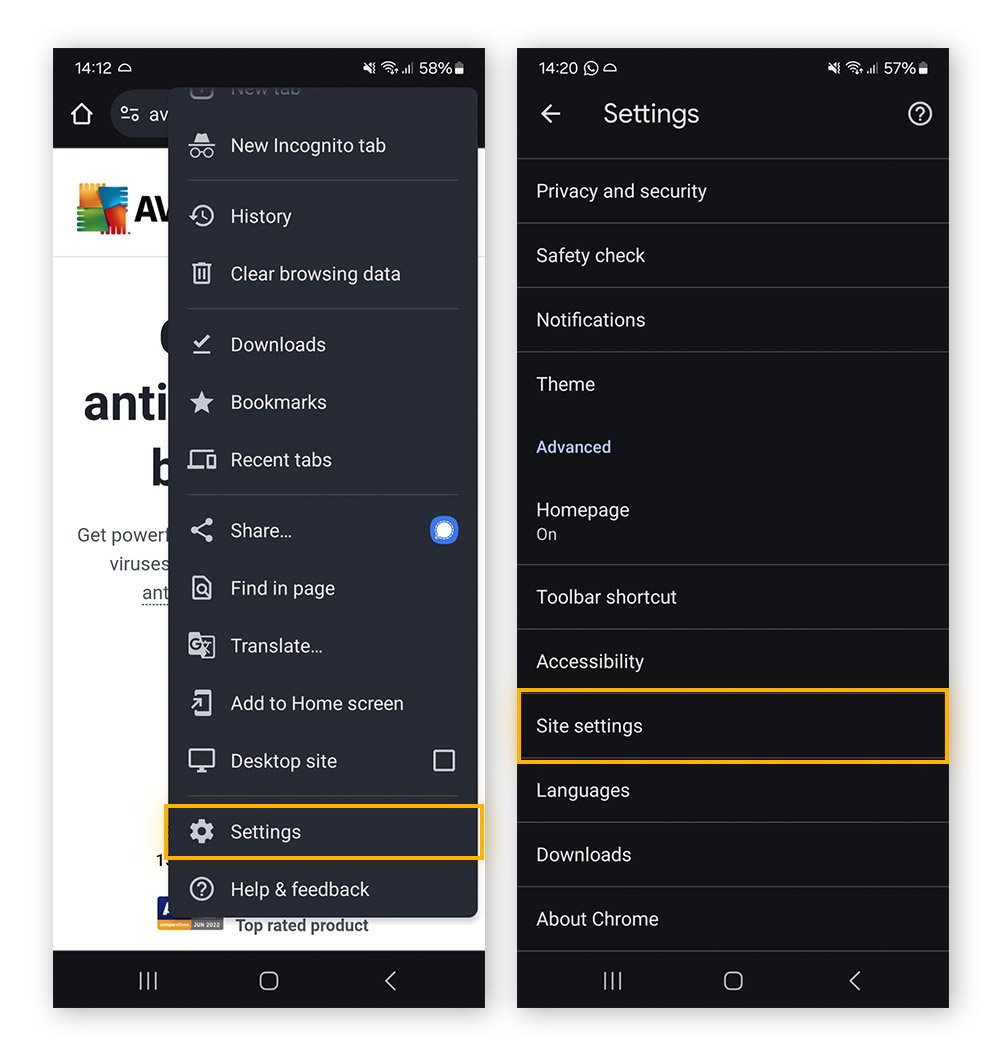 Öffnen der Website-Einstellungen zum Stoppen von Popups in Chrome unter Android.