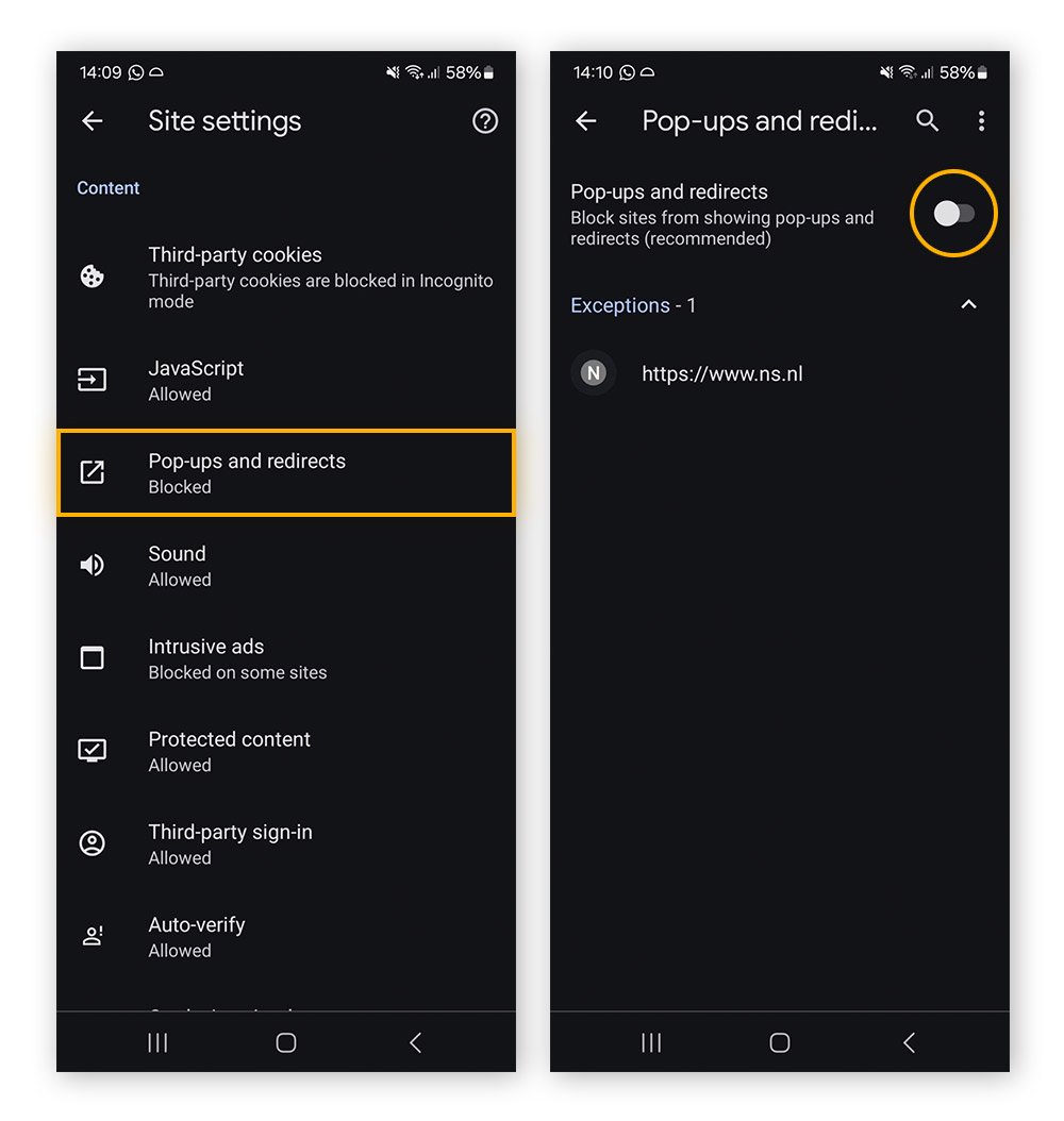 Blockierung von Popups über die Einstellungen unter „Popups und Weiterleitungen“ in Chrome für Android.