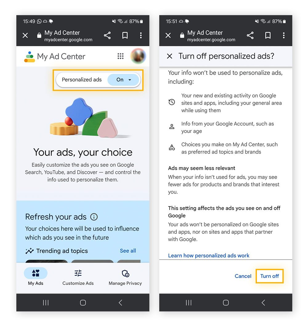 Ausschalten personalisierter Werbung über „Mein Anzeigen-Center“ in Chrome für Android.