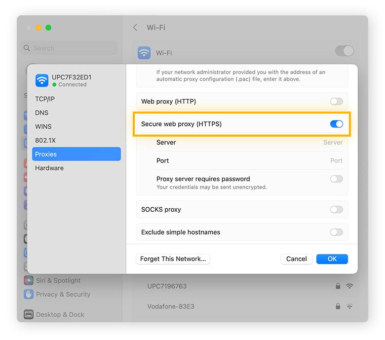 Selecteer het gewenste proxyprotocol in het Safari-menu.